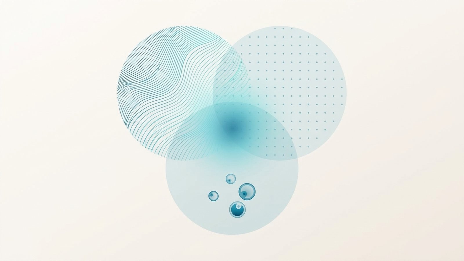 Ilustração abstrata de três círculos translúcidos que se sobrepõem, representando as dimensões hormonal, metabólica e ovariana da SOMP.