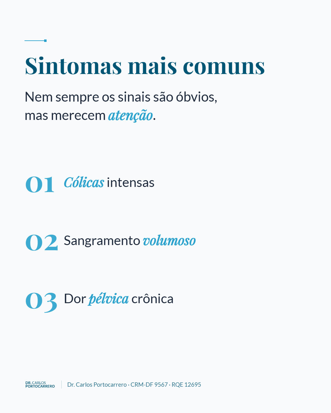 Lâmina "Sintomas mais comuns", com três itens numerados.