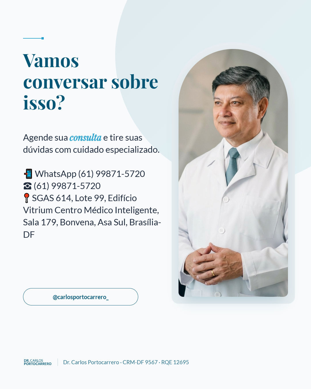 Lâmina final "Vamos conversar sobre isso?", com a foto do Dr. Carlos Portocarrero de jaleco.