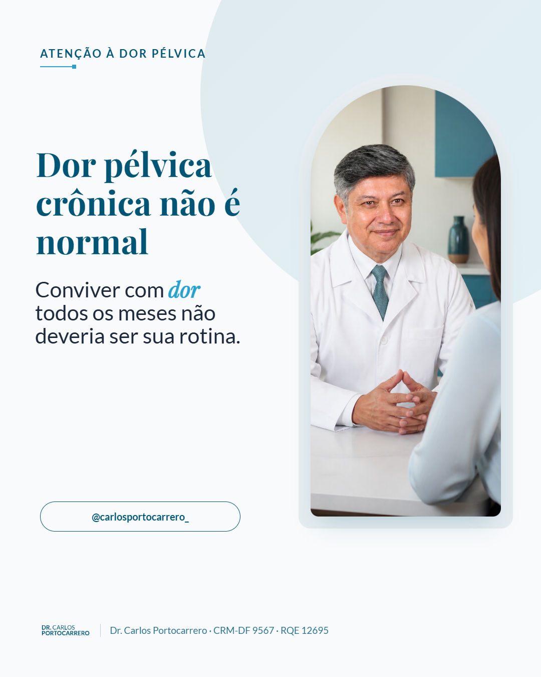 Capa: "Dor pélvica crônica não é normal", com a foto de um médico de jaleco em consulta.
