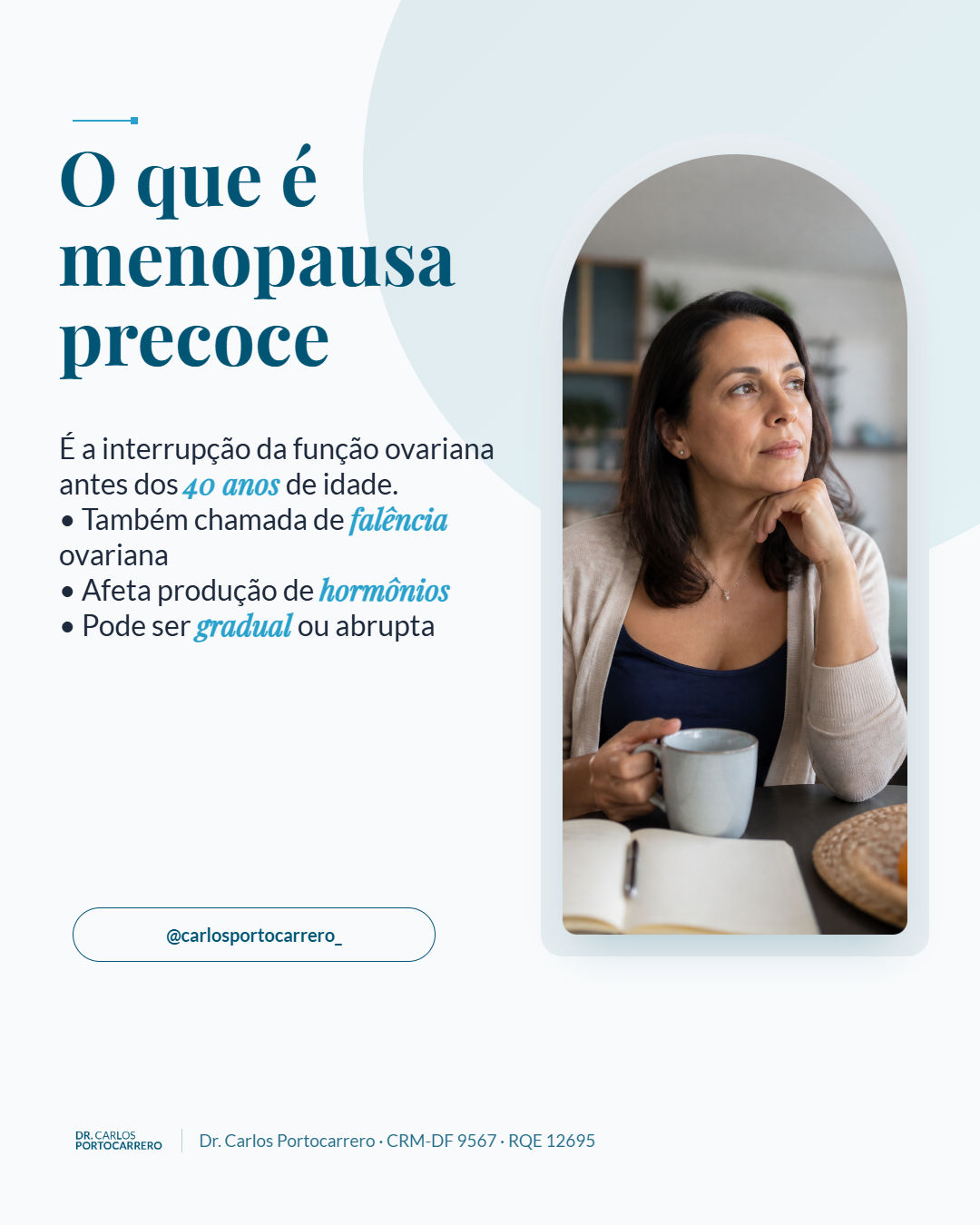 Lâmina "O que é menopausa precoce", com três itens e a foto de uma mulher pensativa.