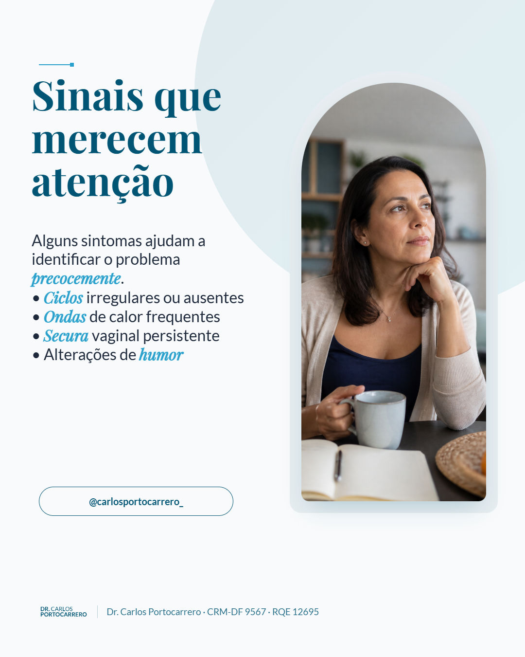 Lâmina "Sinais que merecem atenção", com quatro itens e a foto de uma mulher pensativa.
