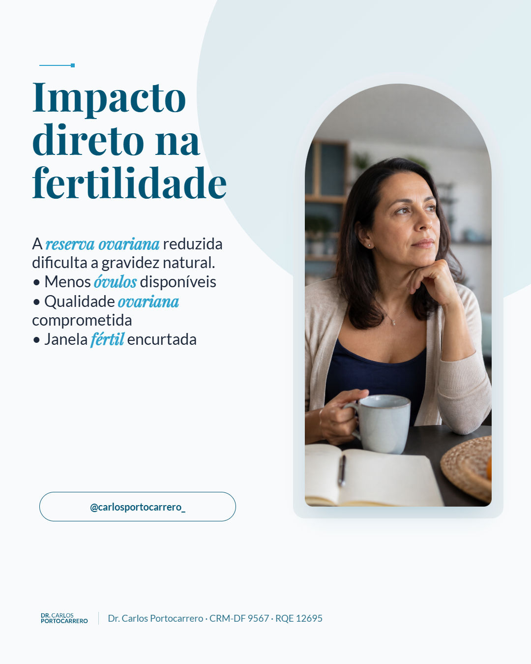 Lâmina "Impacto direto na fertilidade", com três itens e a foto de uma mulher pensativa.