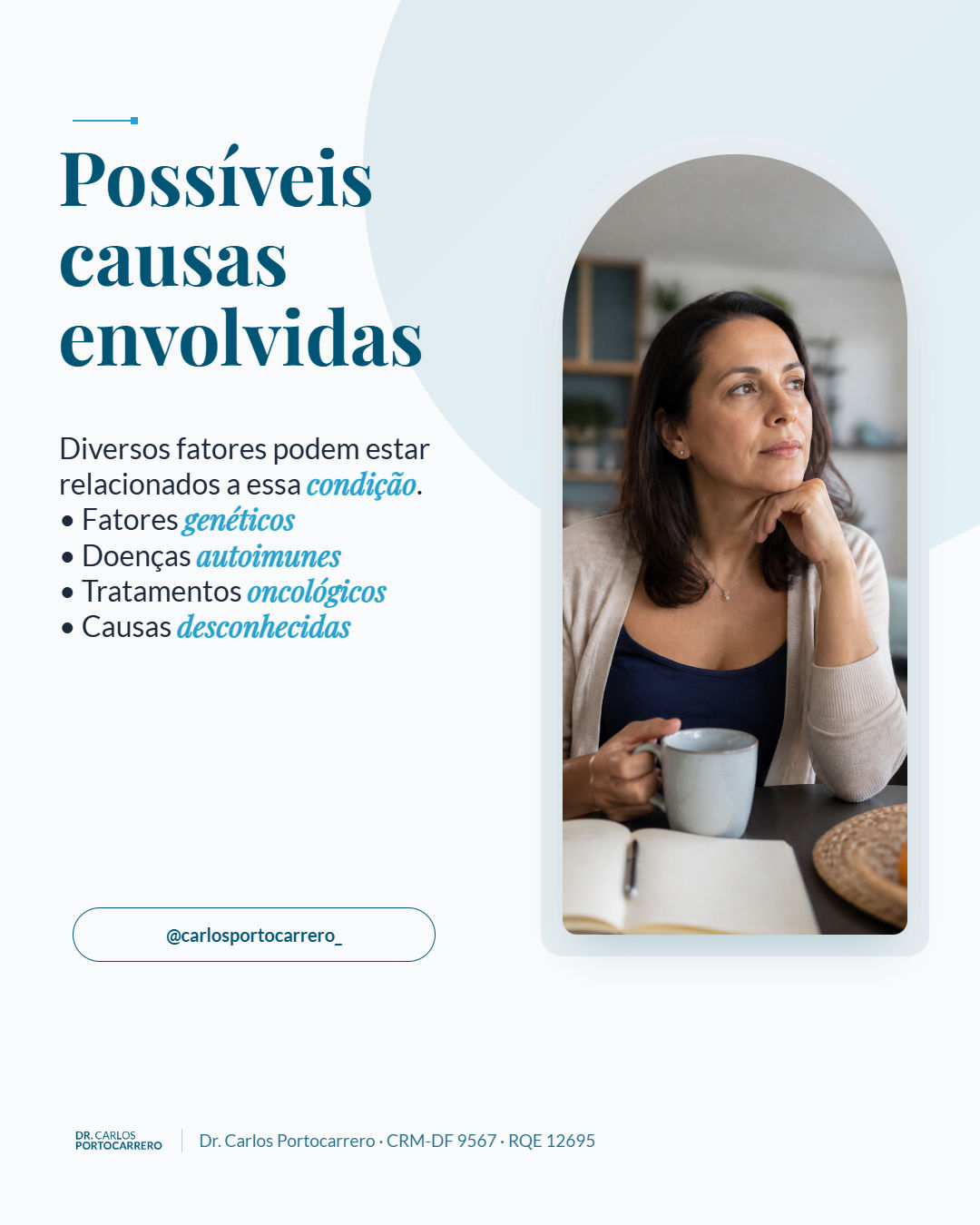 Lâmina "Possíveis causas envolvidas", com quatro itens e a foto de uma mulher pensativa.