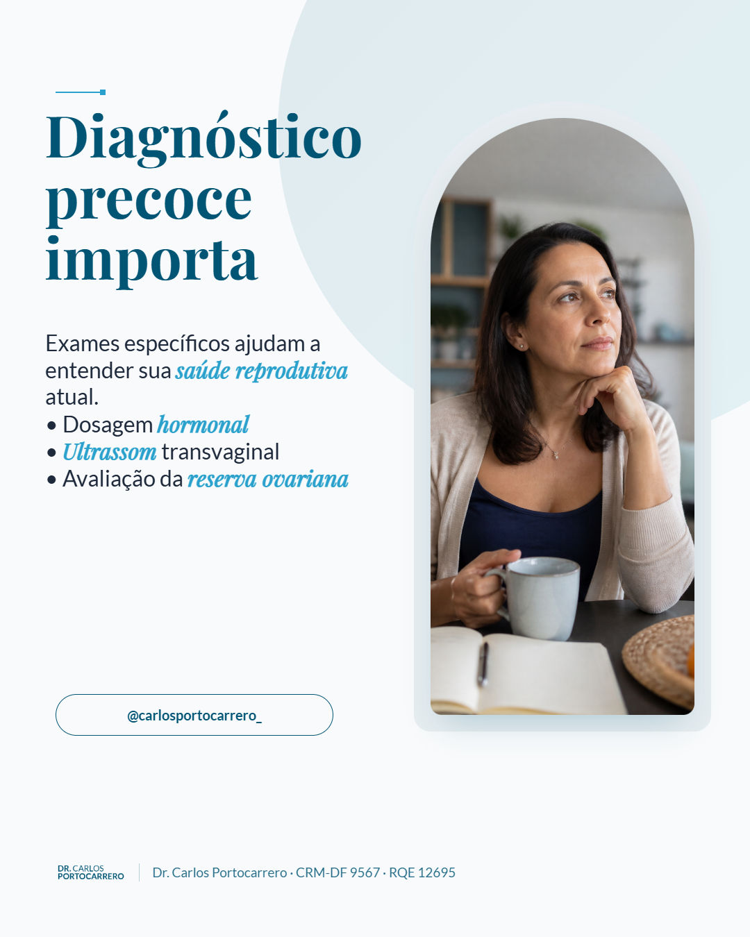 Lâmina "Diagnóstico precoce importa", com três itens e a foto de uma mulher pensativa.