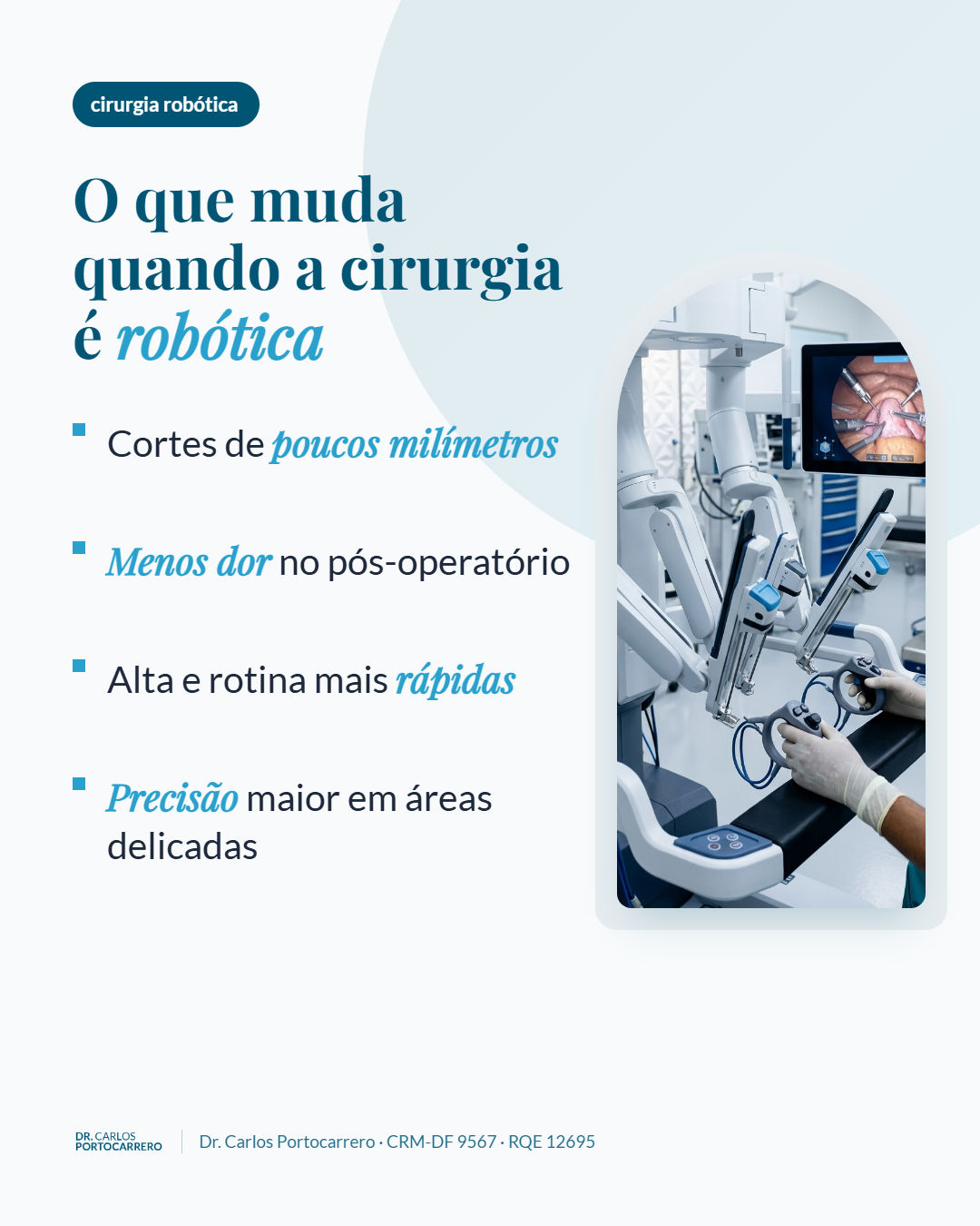 Arte "Cirurgia robótica" com a foto dos braços de uma plataforma robótica e a lista do que muda quando a cirurgia é robótica.