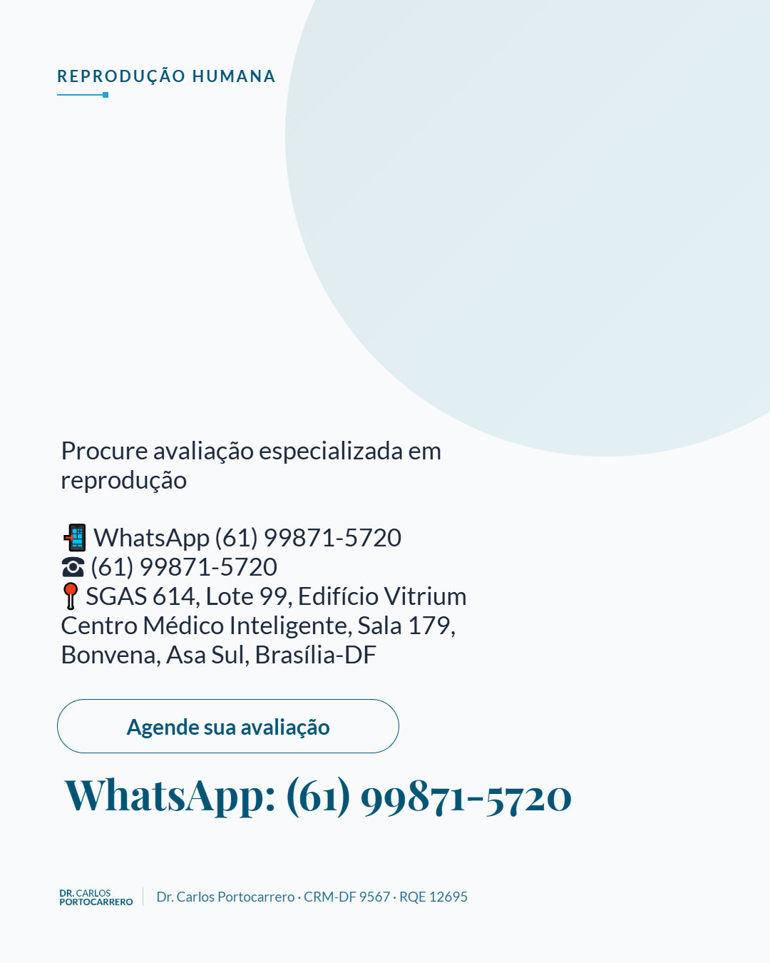 Lâmina final: "Procure avaliação especializada em reprodução", com os contatos do consultório.