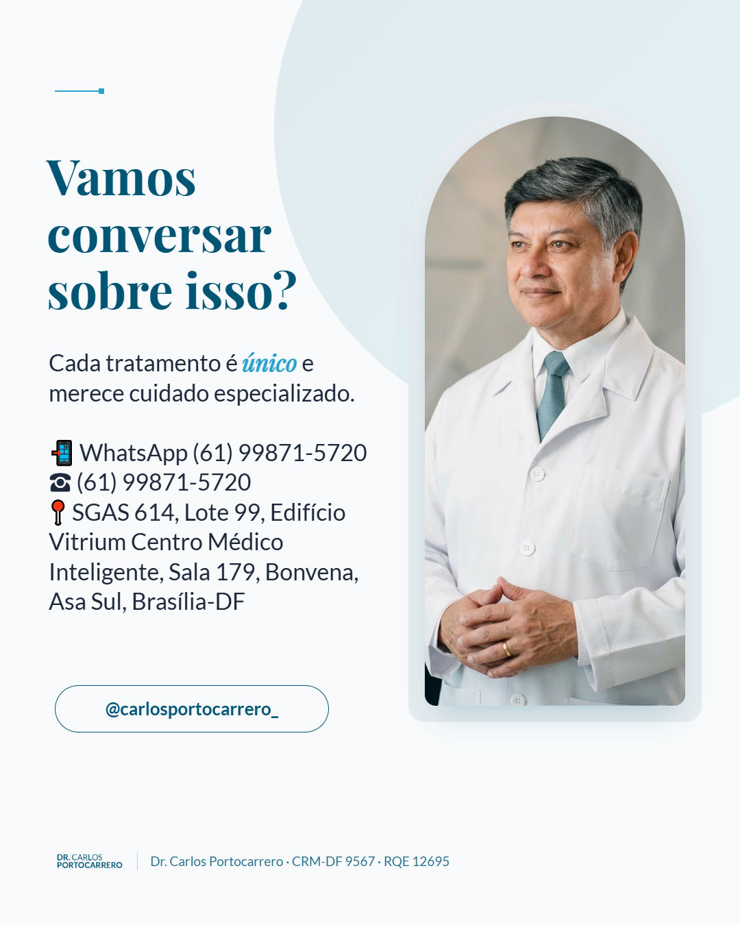 Lâmina final "Vamos conversar sobre isso?", com a foto do Dr. Carlos Portocarrero de jaleco.